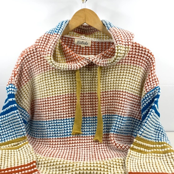 Listicle, women’s boho waffle knit multicolored striped pullover hoodie sweater - Picture 2 of 12